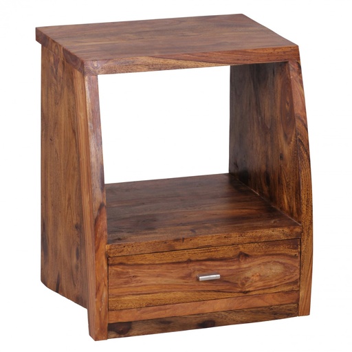 [A09630] Table de chevet MUMBAI bois de Sesham massif 53 cm 1 étagère à tiroirs, style maison de campagne bois véritable