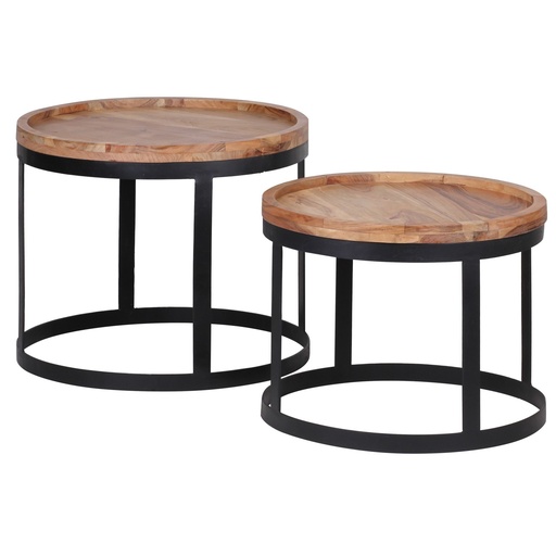 [A09645] Set de 2 tables d'appoint AKOLA en bois massif d'acacia style maison de campagne structure en métal bois naturel