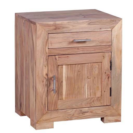 [A09696] Table de chevet MUMBAI design en bois massif d'acacia, 60 cm avec tiroir et porte