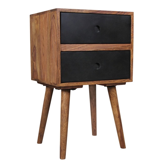 [A09728] Console de nuit rétro REPA / table de chevet en bois de sheesham avec 2 tiroirs marron foncé / noir