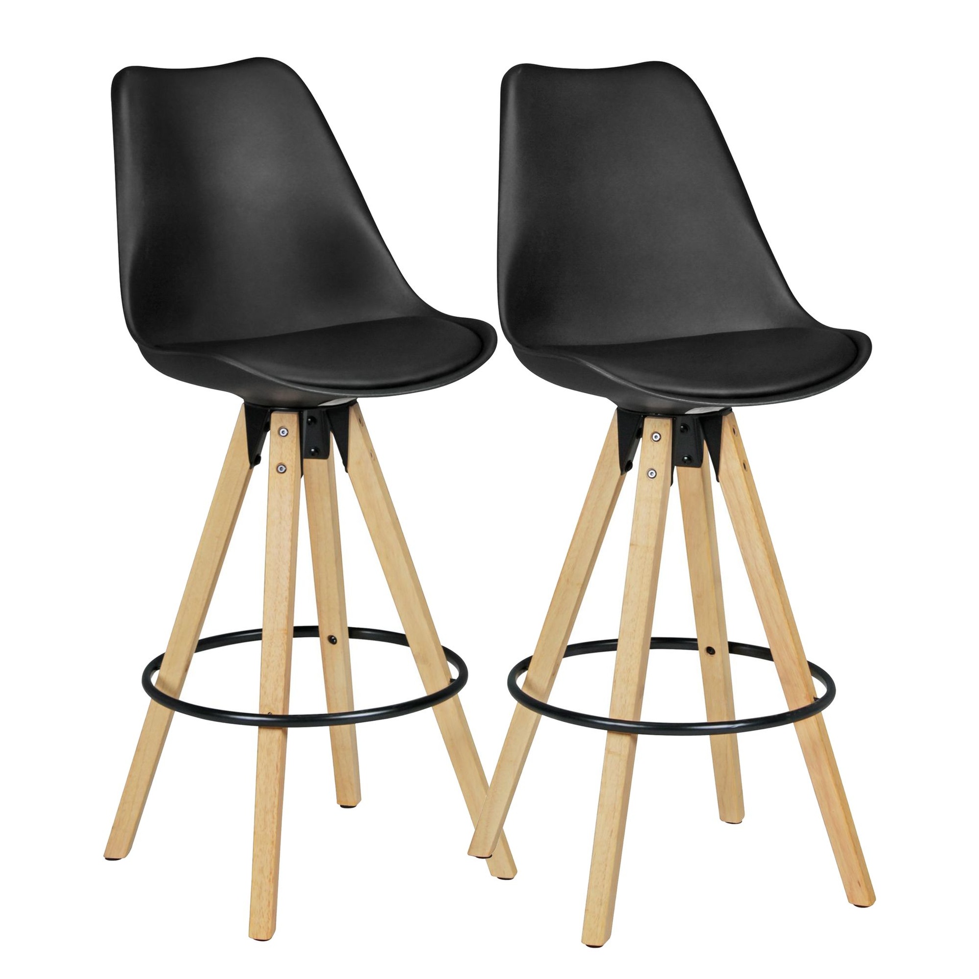 [A09740] Lot de 2 Tabourets de Bar Lima Noir Design Rétro Simili Cuir Bois avec Dossier