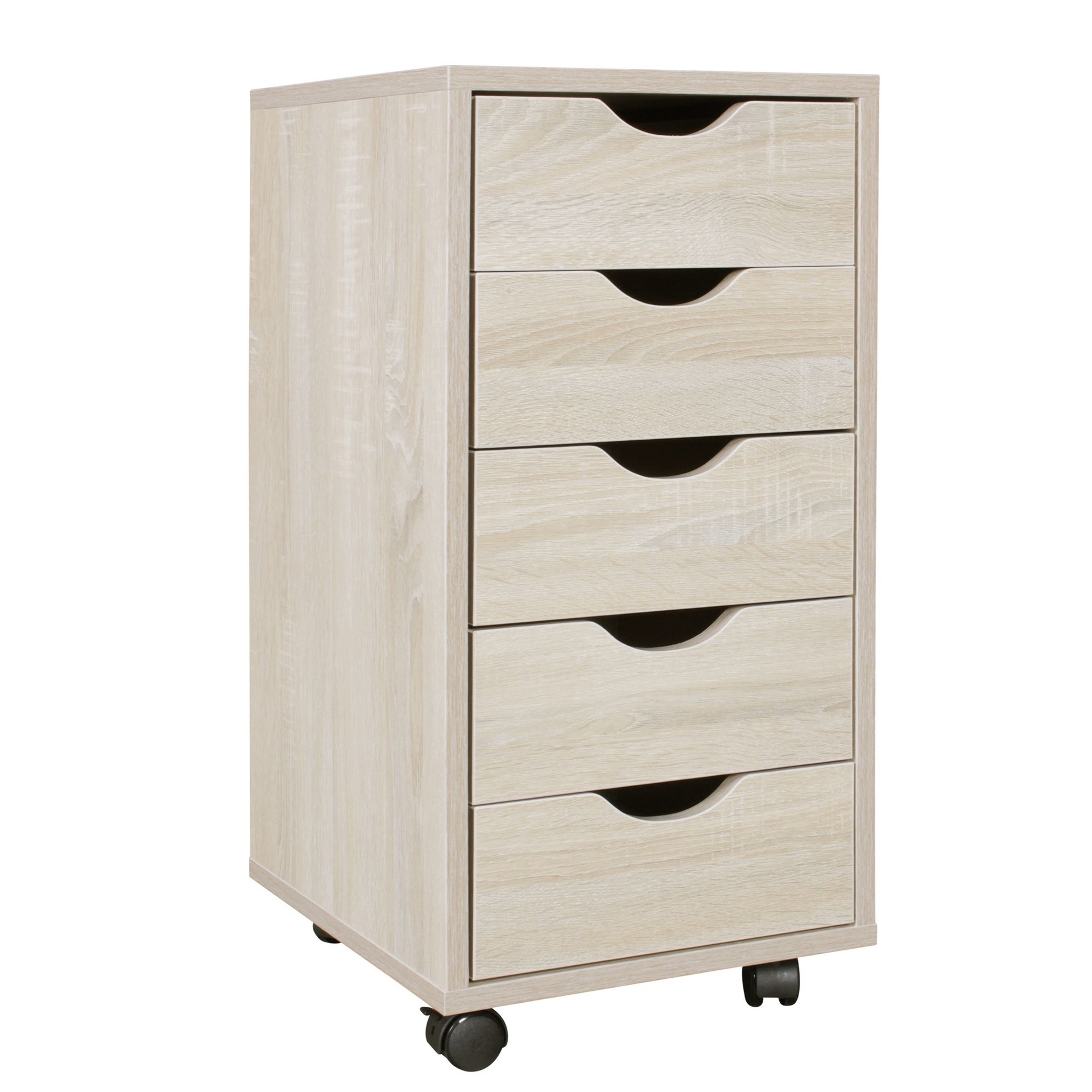 [A09769] Conteneur mobile MINA 33 x 64 x 38 cm bois MDF 5 tiroirs sonoma, avec roulettes