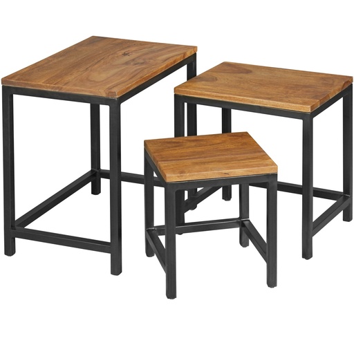 [A09781] Set de 3 tables d'appoint design AKOLA Sheesham, pieds en métal, mélange de matériaux en 3 pièces, en bois massif