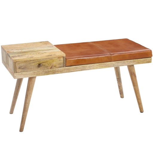 [A09816] Banc SALIM en peau de chèvre / banc en bois massif 100x52x38 cm de style rétro