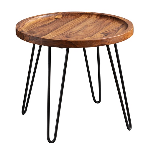 [A09961] Table basse en bois massif Sheesham 45x40x45 cm, ronde, avec pieds en épingle à cheveux, en bois et métal