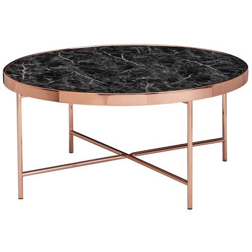 [A09975] Design table basse aspect marbre noir - ronde Ø82,5 cm avec structure en métal cuivré