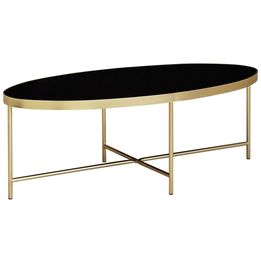 [A09977] Table basse Design en verre noir - ovale 110 x 56 cm avec cadre en métal doré