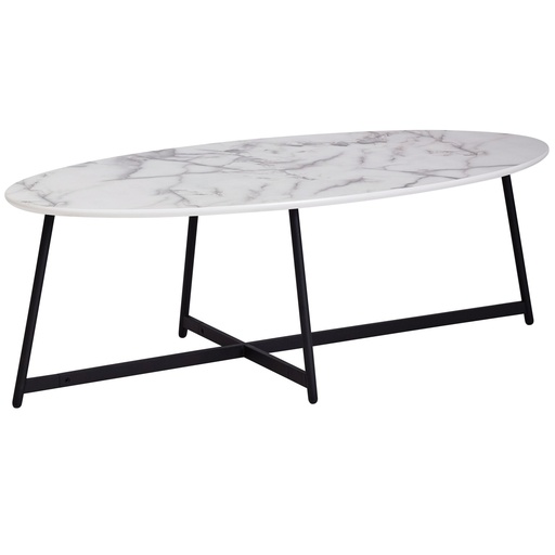 [A09982] Design table basse ovale 120x60 cm aspect marbre blanc, avec pieds en métal noir