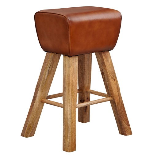 [A09986] Tabouret de bar gymnastique 43 x 75 x 43 cm bois massif de manguier / cuir véritable, marron, sans dossier