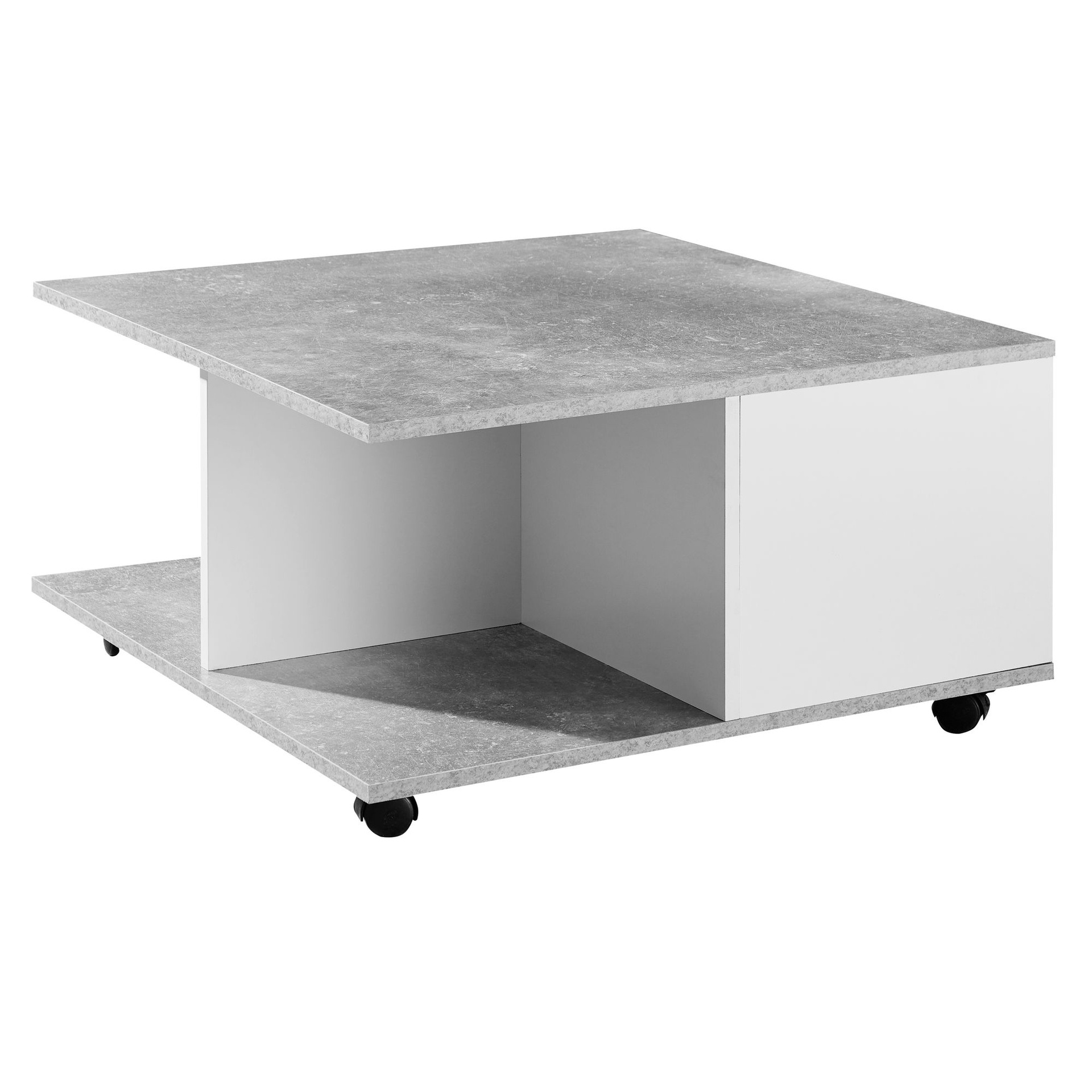 [A09997] Table basse Design 70x70 cm gris ciment / blanc, avec 2 tiroirs et 2 compartiments