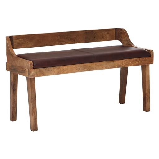 [A10004] Banc en cuir véritable / banc en bois massif 108x63x43 cm, avec dossier, marron