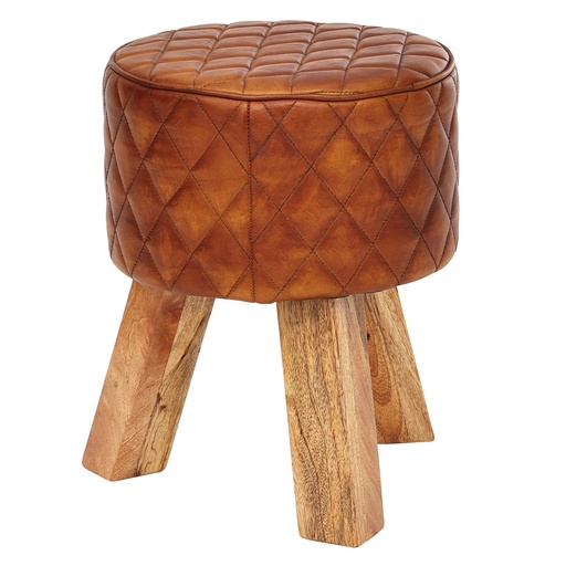 [A10009] Tabouret cuir véritable / bois massif 35x46x35 cm moderne rond