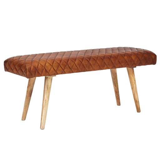 [A10010] Banc en cuir véritable / banc en bois massif 115x53x38 cm, marron