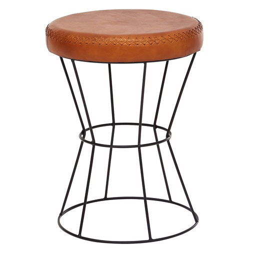 [A10012] Tabouret cuir véritable / métal 35 x 48 x 35 cm design, rond, marron