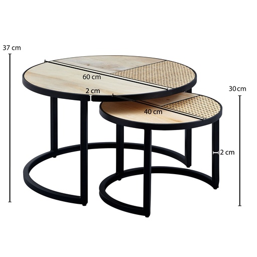 [A10093] Design table de salon set de 2 manguier/rotin ronde, avec pieds en métal, bois/métal