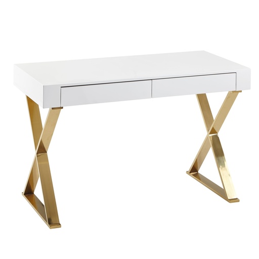 [A10094] Bureau 118x76x57 cm Bois Blanc Brillant Pieds en Métal Design Doré Table d'Ordinateur Table PC Table de Bureau Moderne WL6.314