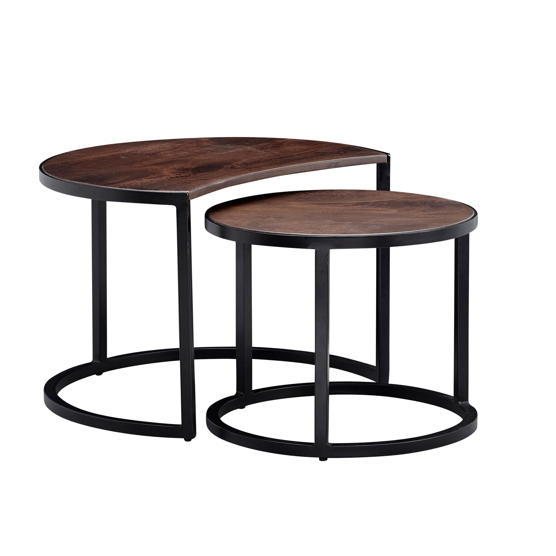 [A10107] Lot de 2 tables basses rondes en bois massif de manguier/métal, marron foncé, avec pieds en métal noir