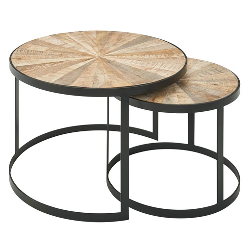 [A10111] Design lot de 2 tables basses rondes en bois de manguier massif, avec pieds en métal marron