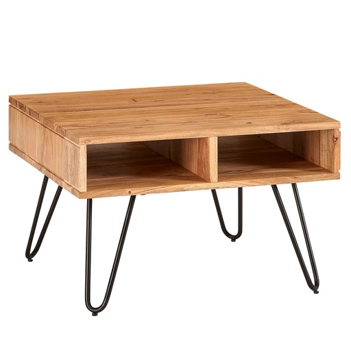 [A10127] Table basse 60x60x40 cm bois d'acacia massif/métal table de canapé design carrée, table de chambre en bois avec espace de rangement