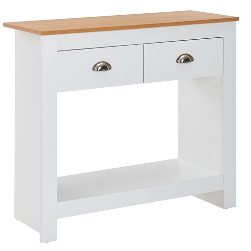 [A10132] Table console 85x35x76 cm blanc / chêne buffet design moderne étroit, table de rangement de couloir avec tiroirs et espace de rangement, table de couloir haute