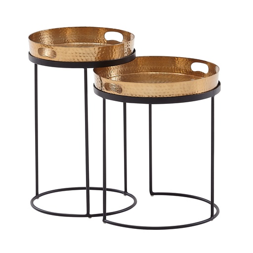 [A10153] Lot de 2 tables d'appoint rondes martelées en métal doré/noir, table basse à plateau amovible