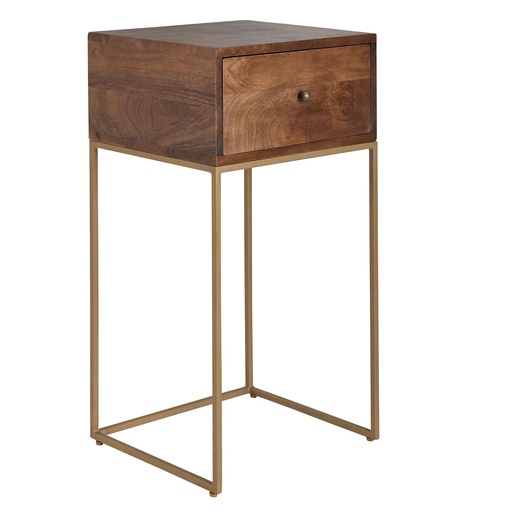 [A10162] Table de chevet Manguier bois massif / métal 40x75,5x35 cm table de chevet lit à sommier tapissier, console de nuit design avec tiroir