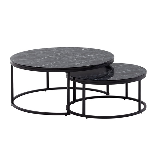 [A10179] Ensemble de 2 tables basses rondes et modernes aspect marbre noir, table d'appoint 2 pièces en métal, tables de salon rondes, tables gigognes design