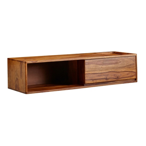 [A10194] Lowboard Suspendu en Bois Massif Sheesham 108x25x34 cm Meuble TV Marron, Table TV Design avec Espace de Rangement, avec Compartiment de Rangement et Un Tiroir