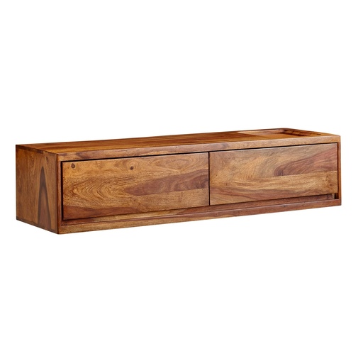 [A10217] Lowboard Suspendu en Bois Massif Sheesham 108x25x34 cm Meuble TV Marron, Table TV Design avec Espace de Rangement, avec Deux tiroirs