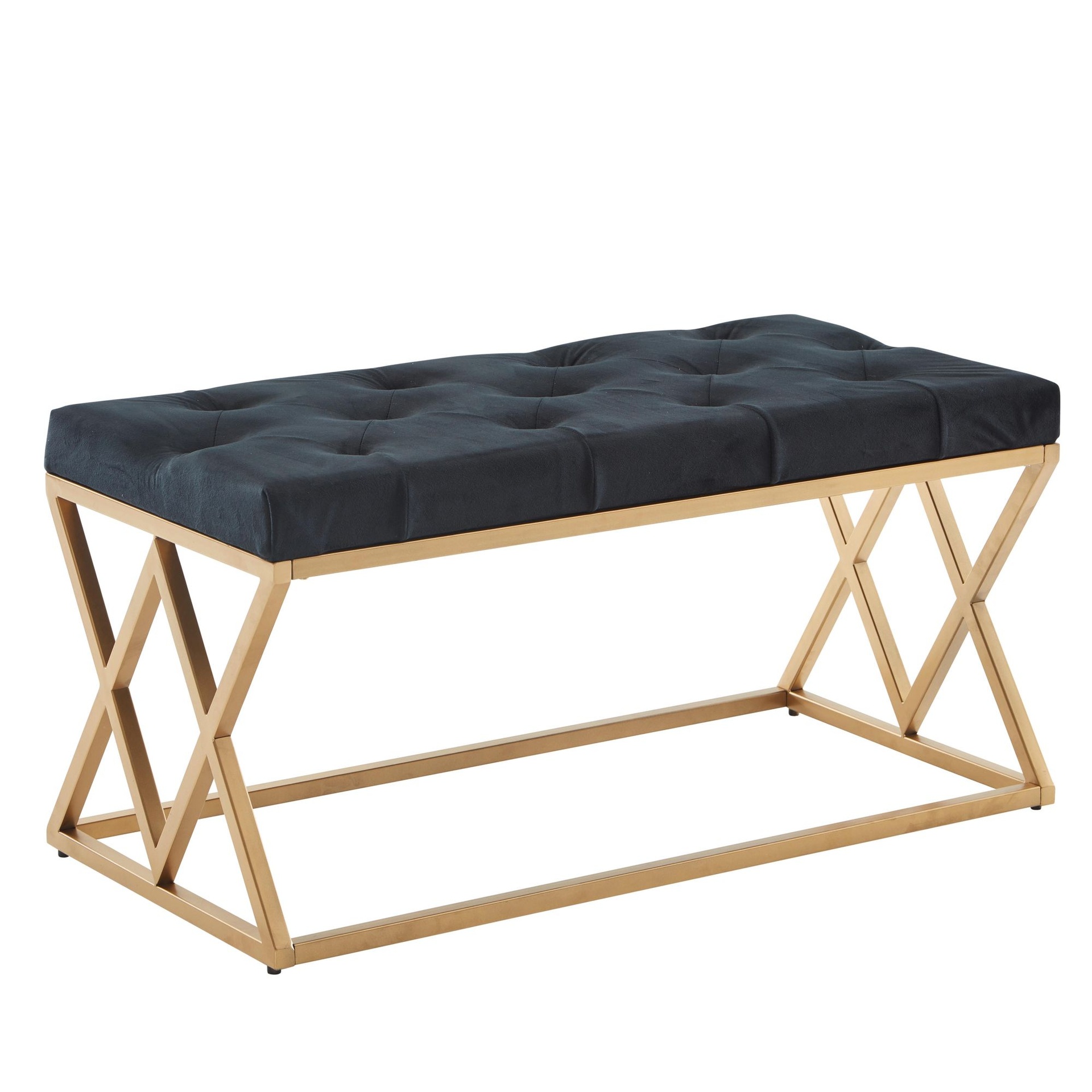 [A10243] Banc en Velours Noir 90x46x44 cm Banc de Couloir rembourré avec Structure en métal, Banc de lit Chambre à Coucher Design Chesterfield, Pieds : Double Croix