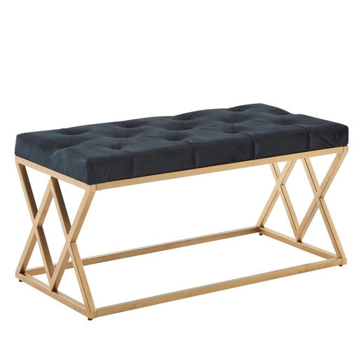 [A10243] Banc en Velours Noir 90x46x44 cm Banc de Couloir rembourré avec Structure en métal, Banc de lit Chambre à Coucher Design Chesterfield, Pieds : Double Croix