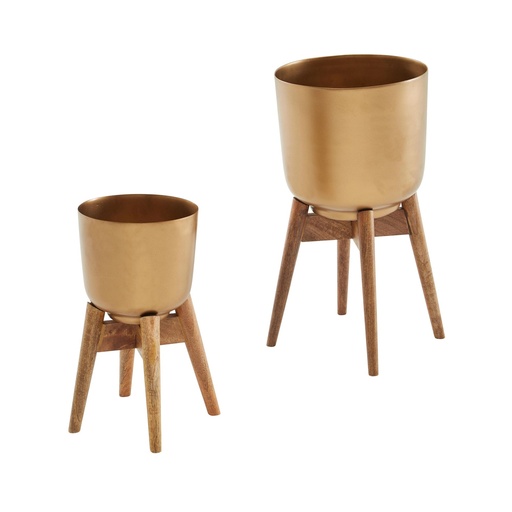 [A10248] Pot de fleurs Lot de 2 pots de fleurs en métal/bois massif doré avec pieds, pot de fleurs design rond, pot de fleurs