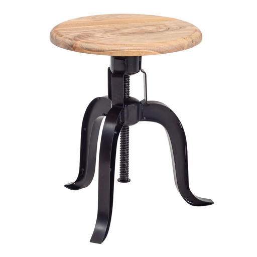 [A10254] Tabouret Pivotant 39x62,5x39 cm Bois d'Acacia Massif/Métal Noir Rotatif, Tabouret Décoratif Design Réglable en Hauteur, Tabouret Sur Pied Rond Industriel