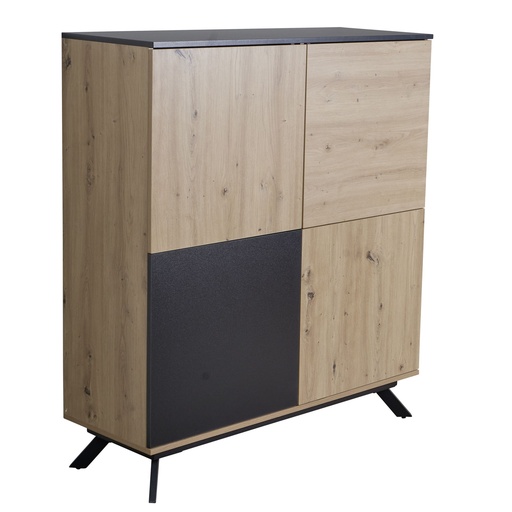 [A10256] Buffet haut 110x125x40 cm Buffet en MDF décor chêne / noir, commode à 4 portes, commode, armoire de couloir, moderne