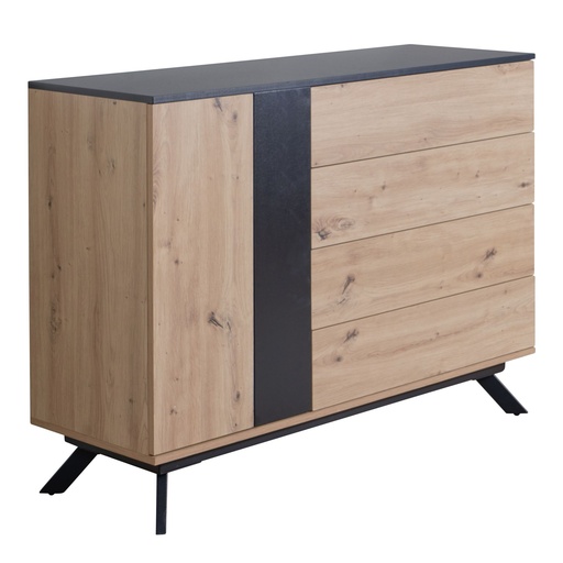 [A10258] Buffet 110x87x40 cm Buffet en MDF décor chêne / noir, commode avec 4 tiroirs, commode, armoire de couloir avec porte moderne