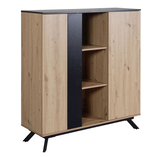 [A10260] Buffet haut 110x125x40 cm Buffet en MDF décor chêne / noir, commode avec 2 portes, commode avec étagères, armoire de couloir moderne