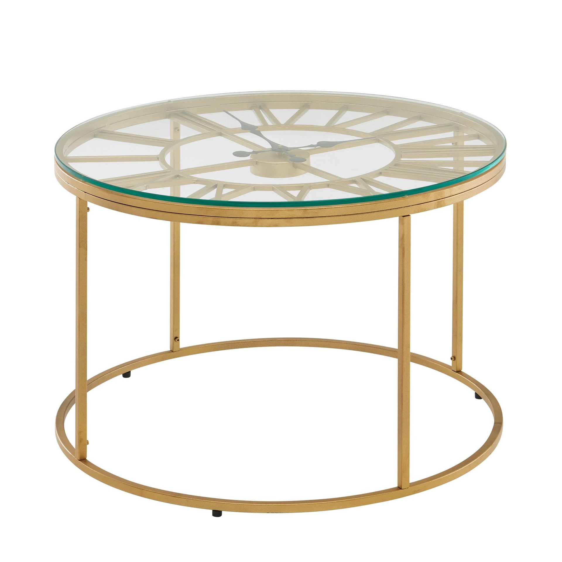 [A10277] Table basse verre métal 60x60x43 cm table de canapé dorée avec horloge décorative, table de salon design ronde, petite table basse moderne