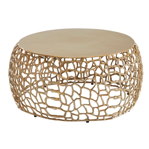 [A10284] Table basse métal doré 66x66x30 cm table de canapé ronde en aluminium, table de salon design avec structure en branches, petite table basse moderne