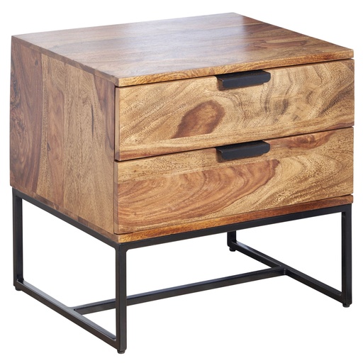 [A10291] Table de chevet Sheesham bois massif / métal 50x40x51 cm table de chevet lit à sommier tapissier, console de nuit design avec 2 tiroirs