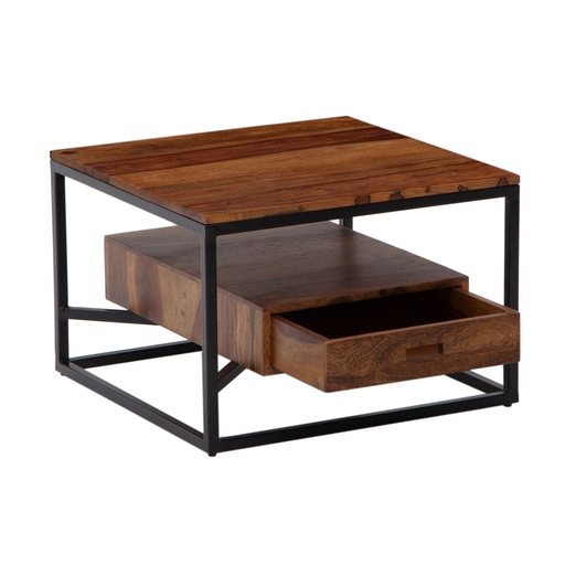 [A10298] Table basse 60x60x40 cm en bois massif de Sheesham/métal Table de canapé design carré Table de salon Table basse solide avec tiroir WL6.721