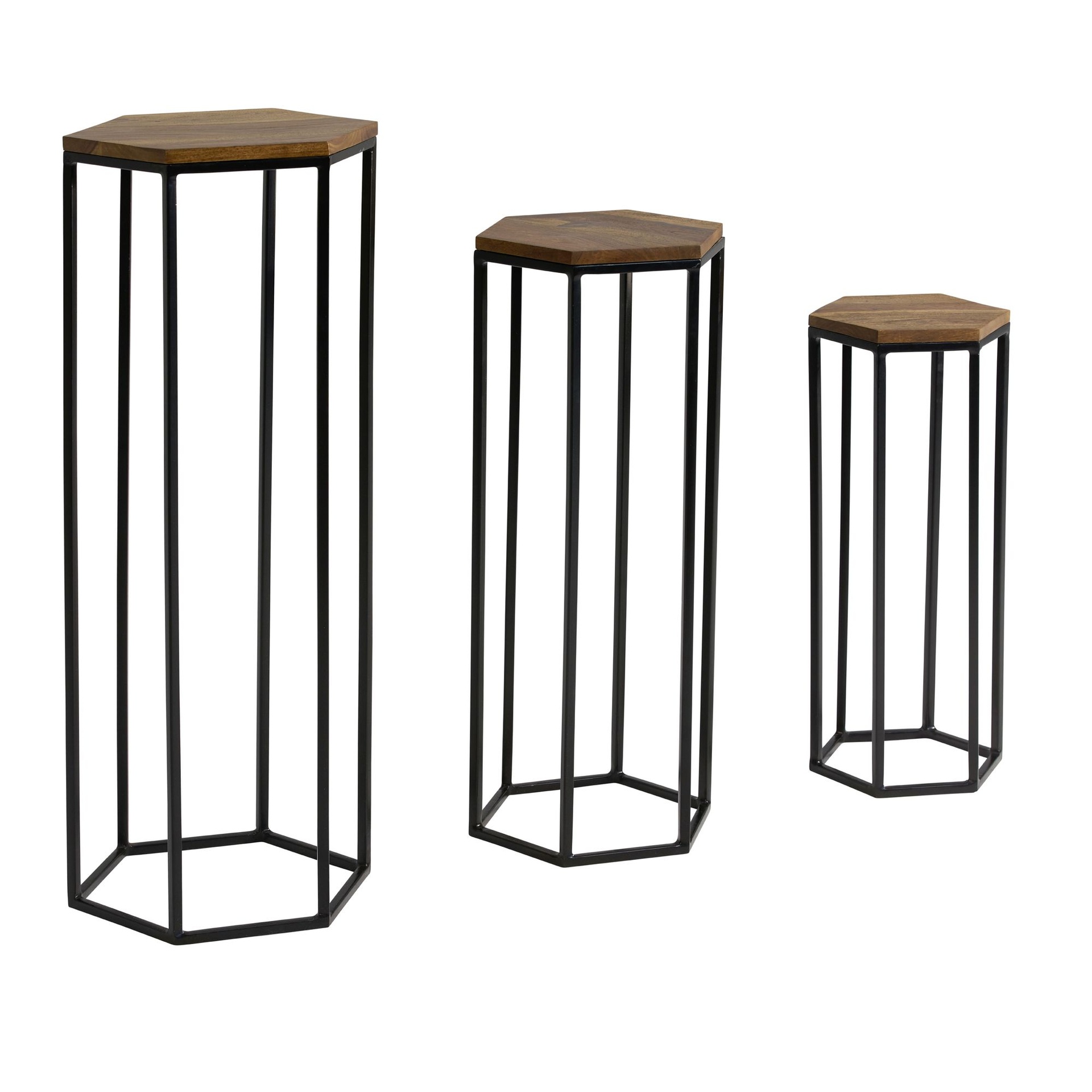 [A10302] Table d'appoint Lot de 3 Tables à Colonnes hexagonales en Bois Massif/Métal Sheesham Table à Plantes 3 pièces Support à Fleurs Table à Fleurs