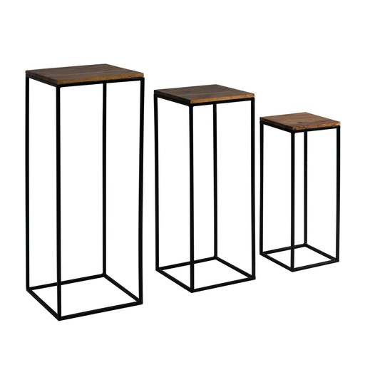 [A10304] Table d'appoint Lot de 3 tables gigognes carrées en bois massif/métal Sheesham, table à colonnes, table à plantes, 3 pièces, support à fleurs