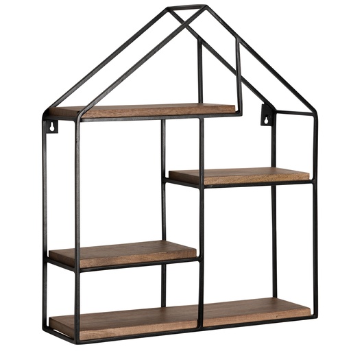 [A10309] Étagère murale 49,5x60x14 cm en bois massif de manguier / étagère suspendue en métal en forme de maison, industrielle