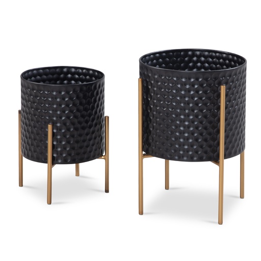 [A10312] Pot de fleurs lot de 2 pots de fleurs en métal noir/or avec pieds, pot de fleurs design rond, avec motif nid d'abeille en 3D