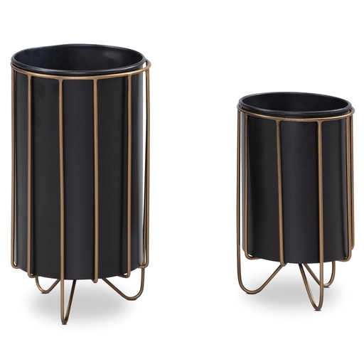 [A10313] Pot de fleurs lot de 2 pots de fleurs en métal noir/or avec pieds, pot de fleurs design rond, avec pieds en épingle à cheveux