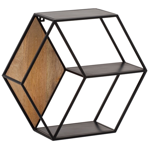 [A10322] Étagère Murale 60x52x20 cm Étagère Suspendue en Bois Massif/Métal de Manguier Industriel, Étagère Flottante de Conception Hexagonale, avec 3 Étagères