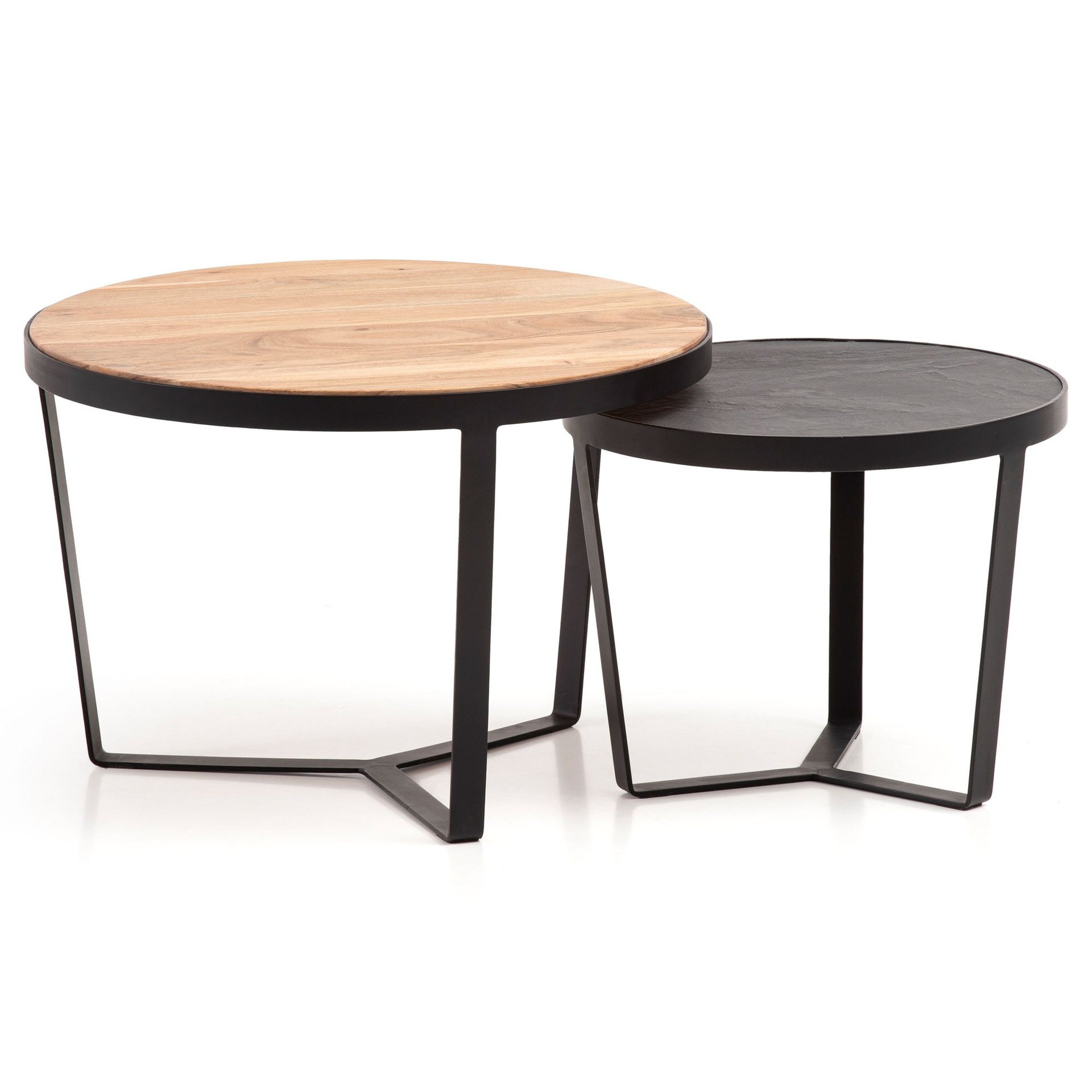 [A10323] Lot de 2 tables basses en bois d'acacia massif/aspect pierre, table de salon ronde, table gigogne avec structure en métal, table basse moderne, marron/anthracite