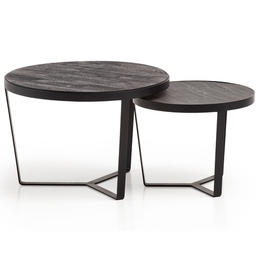 [A10324] Lot de 2 tables basses en bois d'acacia massif/aspect pierre, table de salon ronde, table gigogne avec structure en métal, table basse moderne, noir/anthracite