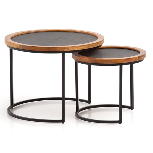 [A10333] Table basse lot de 2 tables de salon rondes en bois massif de manguier/aspect pierre, table gigogne avec structure en métal, table basse moderne, marron/anthracite